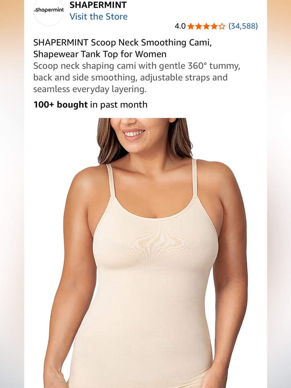 Shapermint Nude Scoop Neck Smoothing Cami - Seamless Shapewear Tank **fits small